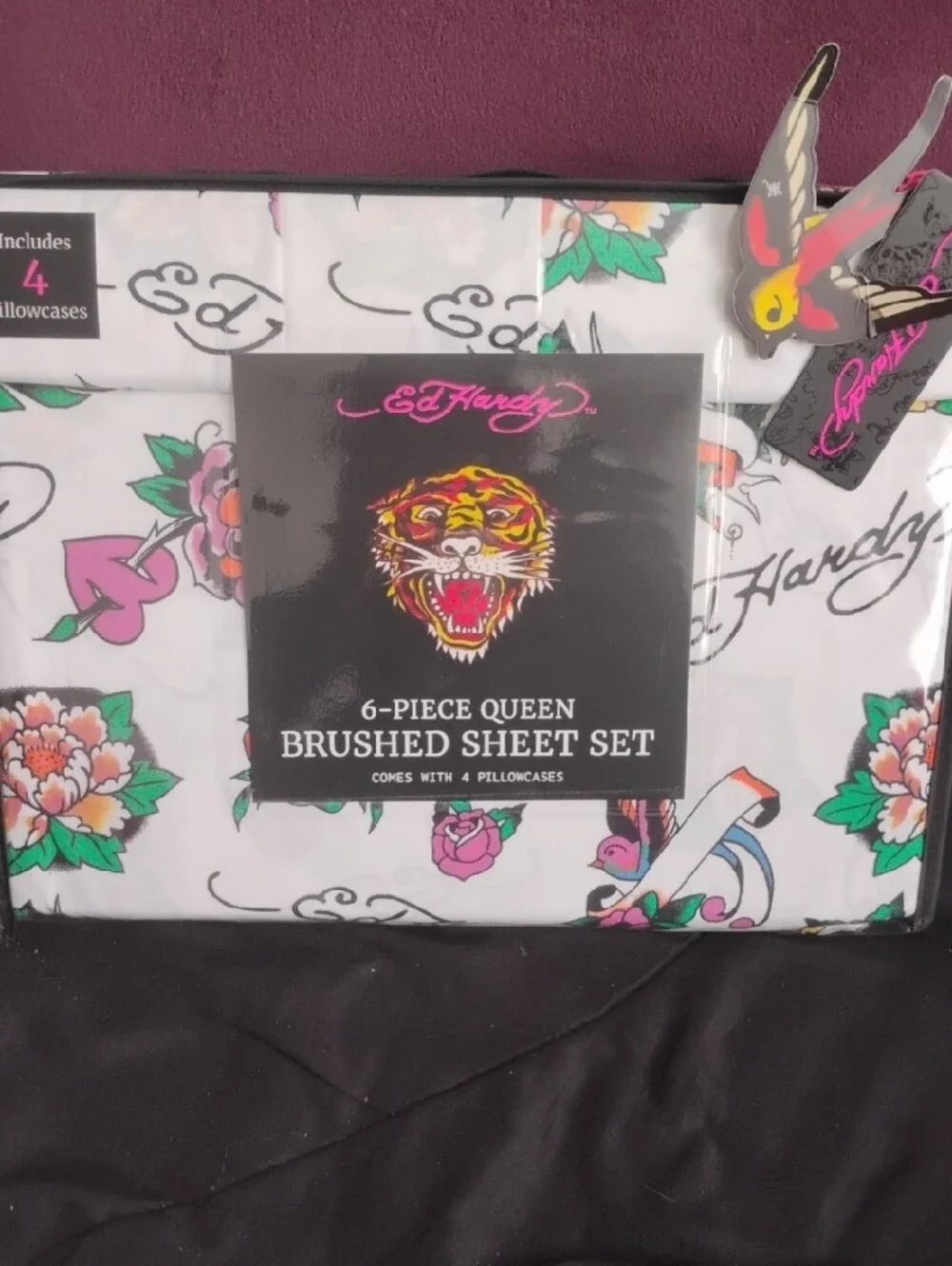 Ed Hardy Pink Heart Rose Super Soft6pc Queen Sheet Set🩷🌹🆕✨🎁